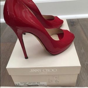 Jimmy Choo Red Peep-toe Patent Pump